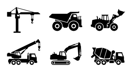 Construction Vehicle Icons Set, Heavy Machinery Vector Graphics, Industrial Equipment Silhouettes © Rifat