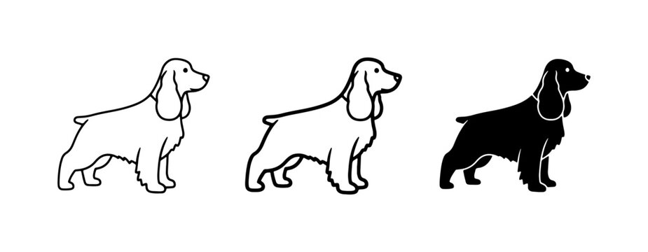 Cocker Spaniel Dog Icons, Outline and Silhouette Vector Art