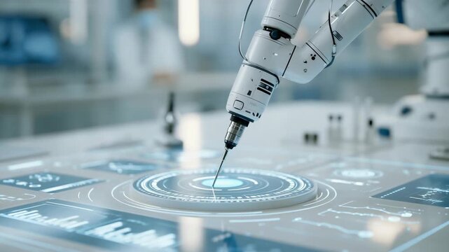 robot arm holding medical syringe in high-tech healthcare scene with AI medicine and biotechnology concern