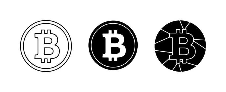 Bitcoin Icons: Outline, Solid Black, and Shattered Crypto Coin Symbols
