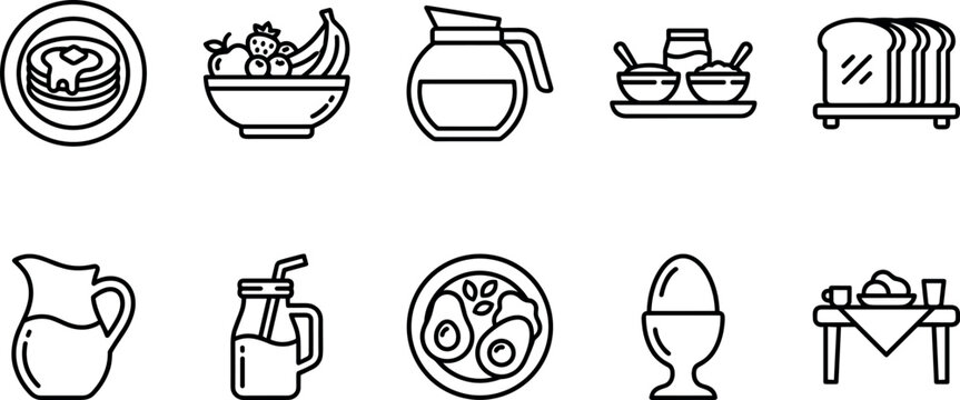 American diner style breakfast and family brunch menu line icon set for hospitality restaurant branding