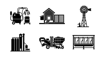 Farm Equipment Icons: Milking Machine, Silo, Windmill, Chicken Coop, Feeder © Mariyam