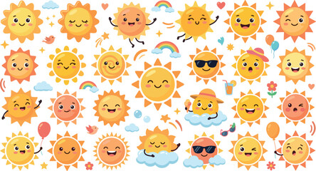 Fototapeta premium Cute Smiling Sun Character Vector Set with Kawaii Sunshine Faces, Sunglasses and Rainbow Elements for Summer Kids Design Projects