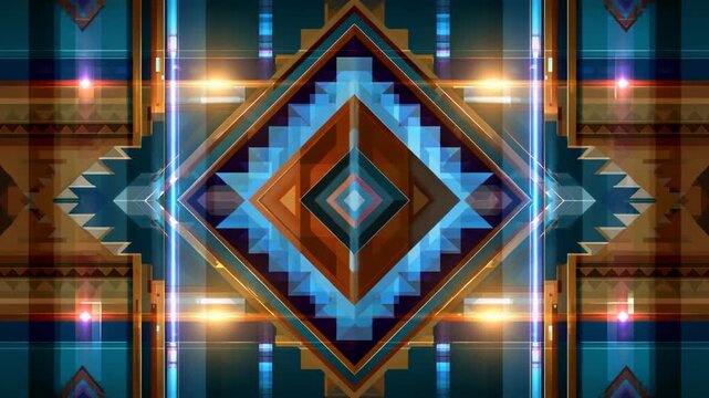 Beautiful Native American inspired neon light play design with symmetrical abstract background, colorful geometric pattern with tribal art mood and futuristic glow concept.
