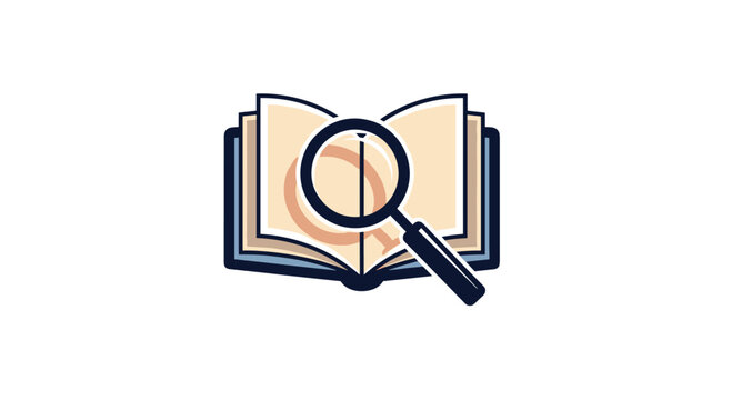 Open book with a magnifying glass held over the pages, symbolizing deep research, academic study, and thorough investigation of information.