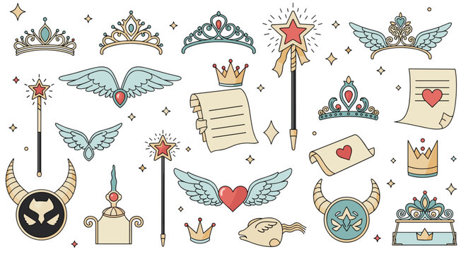 Assortment of magic and fantasy-themed items like golden wands, crowns, wings, and old scrolls, perfect for fairytale or game illustrations.