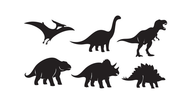 Dinosaur silhouette set tyrannosaurus triceratops stegosaurus pterodactyl diplodocus ankylosaurus isolated on white background.