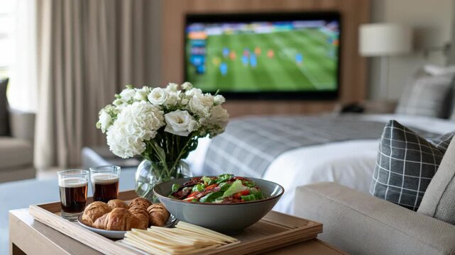 Cozy modern room with TV showing soccer tournament game live stream broadcasting, snack treat and drink on table, football fan lifestyle and home entertainment concept.