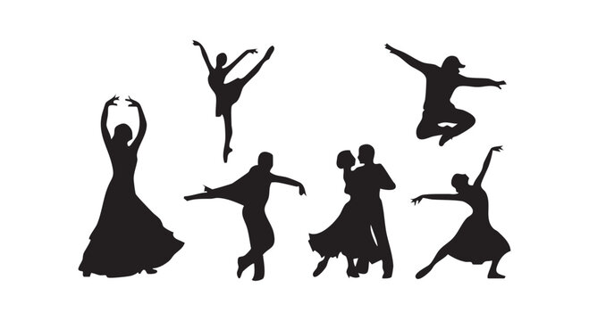 Diverse group of dancers performing various styles silhouette isolated on white background dynamic motion ballet ballroom contemporary.