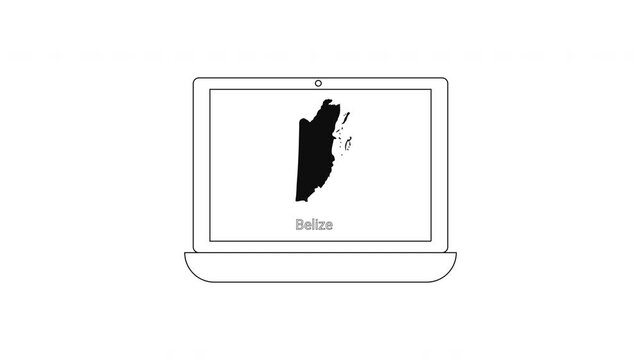 Laptop displaying a map of Belize country outline on screen.
