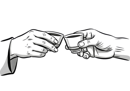 dynamic sumi ink illustration of two hands gently clinking ceramic sake cups (choko) in a graceful kampai toast on textured white washi paper. concept of traditional japanese respect and celebration