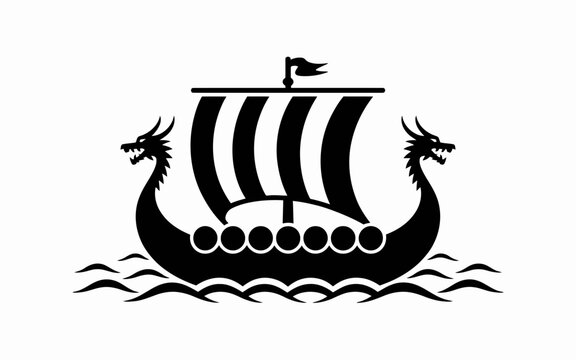 Black silhouette of a viking longship with double dragon head prows sailing on ocean waves on white background