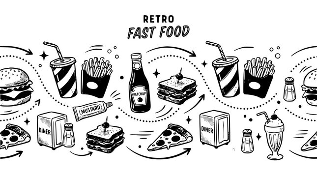 Retro fast food animation pattern with colorful burgers fries drinks and diner graphics