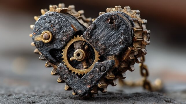 A close-up view of a metal heart sculpture, constructed from gears, chains, and other components