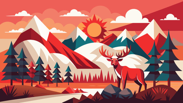 Minimalist geometric landscape with elk standing near evergreen forest and snowy peaks