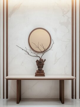 A minimalist entryway with a console table and a round mirror