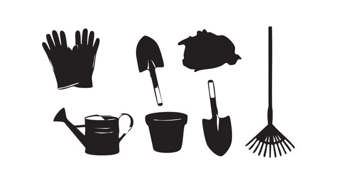 Gardening tools set with watering can shovel gloves rake flower pot and compost pile silhouettes vector illustration icon.
