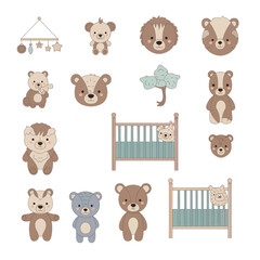 Cute Baby Animals Nursery Decor - Teddy Bears, Cribs, Mobile - Vector Graphics © Salon