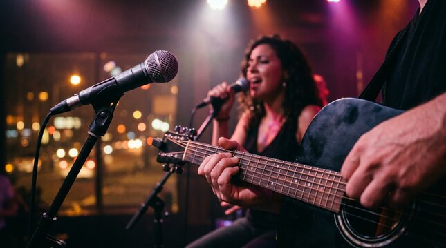 Female singer performs on stage with guitarist in nightclub during evening concert