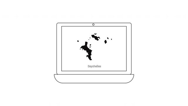 Laptop displaying a map of Seychelles islands in black and white outline.