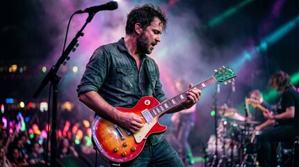 Obraz premium Musician plays electric guitar on colorful stage with band