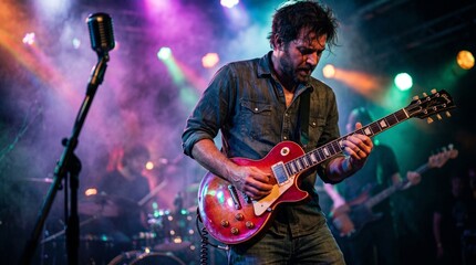 Obraz premium Musician plays electric guitar on stage with band and colorful lights