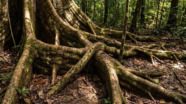Massive ancient tree roots spreading across the tropical rainforest floor in a detailed close up photo taken during the day