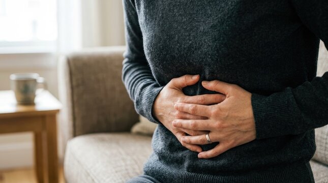 A man sits on a couch, clutching his stomach with a concerned expression. He is wearing a gray sweater and appears to be experiencing abdominal pain.