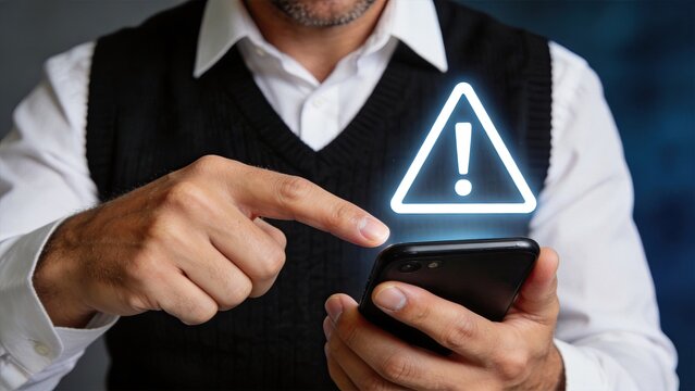 Man pointing at warning alert symbol on smartphone screen, indicating security threat notification or urgent message requiring immediate attention and action.