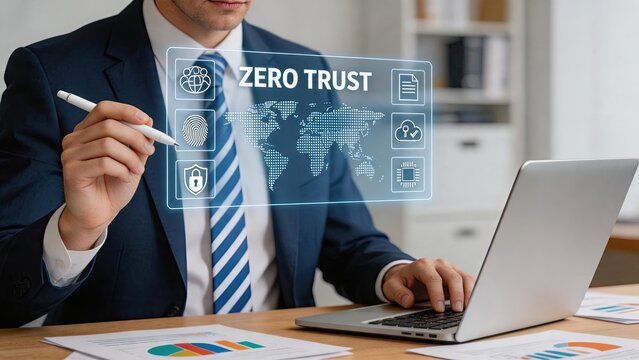 Businessman using zero trust security concept with digital interface, global network protection, data privacy and cybersecurity technology for modern enterprise safety