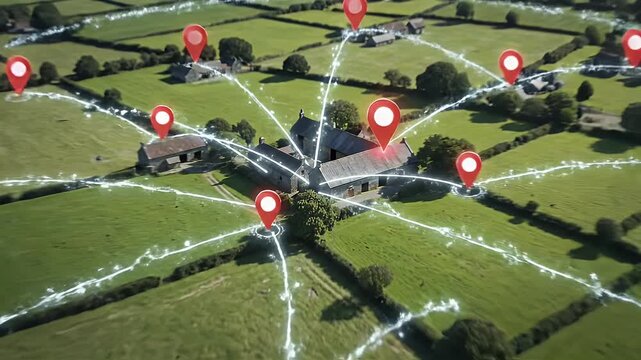 Aerial view of a rural farm connected by glowing digital lines and location pins
