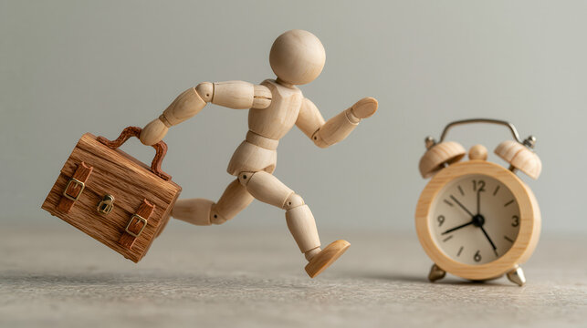 A wooden mannequin runs towards a vintage alarm clock with a briefcase