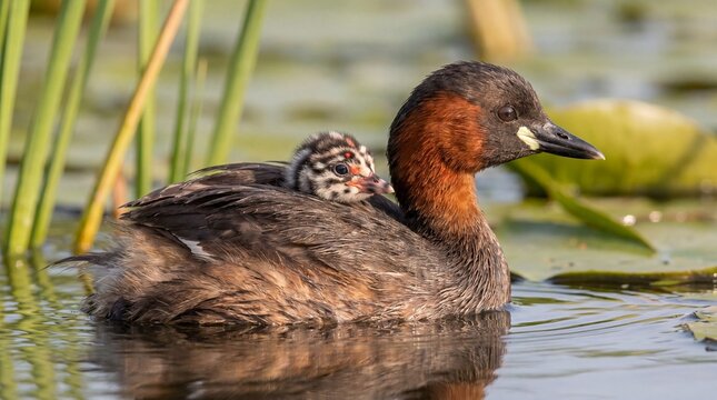 Little grebe swimming in the water with a tiny fluffy chick resting safely on its back in this nature photograph