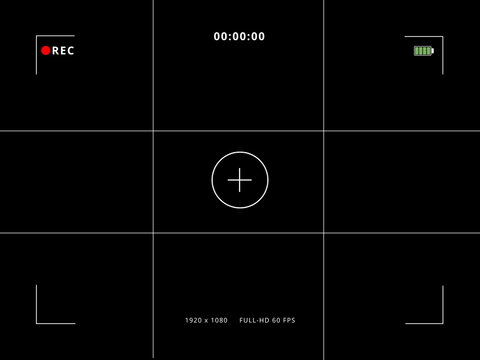 Camera viewfinder overlay screen with grid lines, rec indicator, full HD 1080p resolution text, and battery status on black background. Video recording interface template.