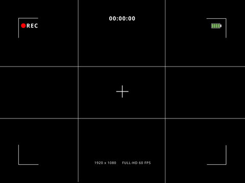 Camera viewfinder overlay screen with grid lines, rec indicator, full HD 1080p resolution text, and battery status on black background. Video recording interface template.