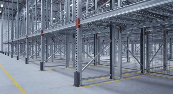 Empty warehouse racks with metal structure and industrial concrete floor in storage space