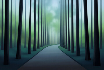 Naklejka premium Winding pathway through a misty minimalist forest with tall dark vertical tree trunks