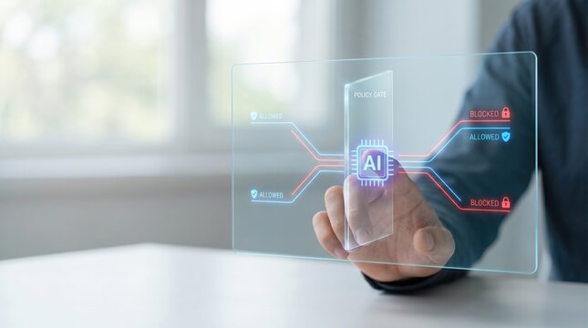 AI Hardware Supply Risk - A hand pauses an AI chip at a digital policy gate, splitting routes into allowed and blocked lanes on a clean, minimalistic user interface.