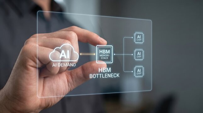 AI Hardware Supply Risk - A hand pinches a narrow HBM chip, illustrating a bottleneck between AI demand and semiconductor technology on a clean, minimal background.