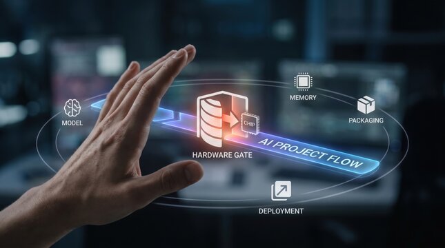 AI Hardware Supply Risk - A hand pauses an AI project at a half-open hardware gate, highlighting a blocked checkpoint in a sleek, minimal tech interface.