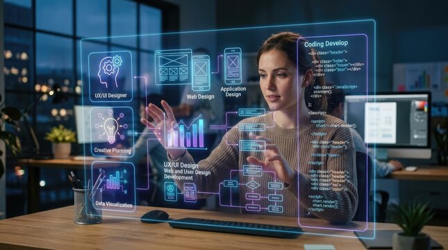 A young woman, an UX/UI designer, intently focuses on a holographic display showcasing website design elements.