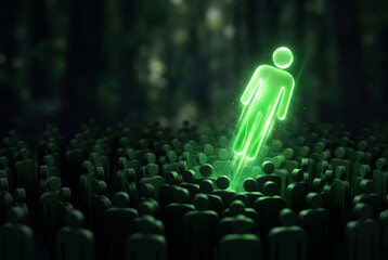 Obraz premium Luminous glowing green abstract human symbol rising above dense crowd of dark figures