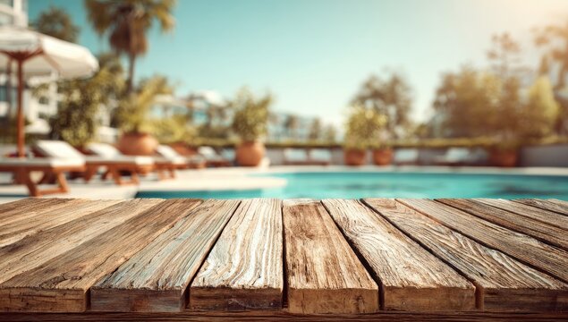 Wooden Table Surface in Front of a Tropical Resort Swimming Pool.
