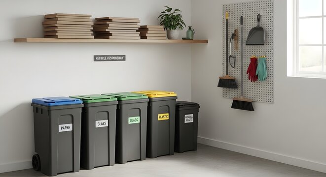Recycling station with colored bins for waste sorting in a modern home utility room