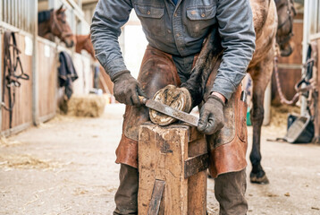 Fototapeta premium Skilled farrier carefully filing a horse hoof with a specialized metal rasp inside a rustic stable