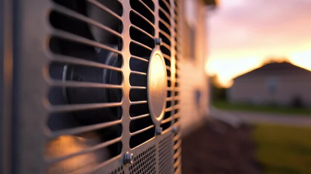 Outdoor air conditioning unit on a property at sunset with soft lighting