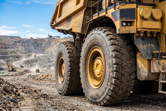 Close up of massive wheels on a yellow heavy mining dump truck working inside a deep quarry