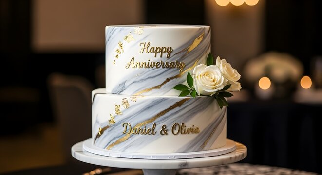 Two-Tier Blue Marble Anniversary Cake with Gold Script
"Daniel & Olivia" Anniversary Cake with Blue and Gold Marbling
Romantic White Roses on a Blue Marble Anniversary Cake