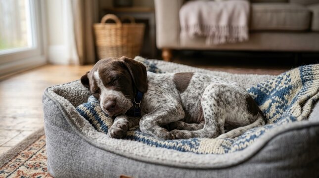 A small, spotted German shorthaired pointer puppy sleeps peacefully on a cozy bed. The puppy is resting comfortably on a gray, woven blanket with a blue and white pattern.