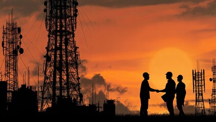 Fototapeta premium Silhouette of Businessmen Shaking Hands Near Communication Towers at Sunset.